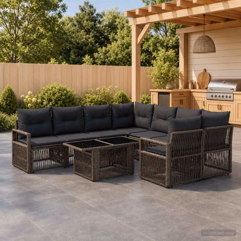 Set Divano da Giardino vidaXL 9 pz in Polyrattan Grigio e Antracite con Tavolino e Cuscini