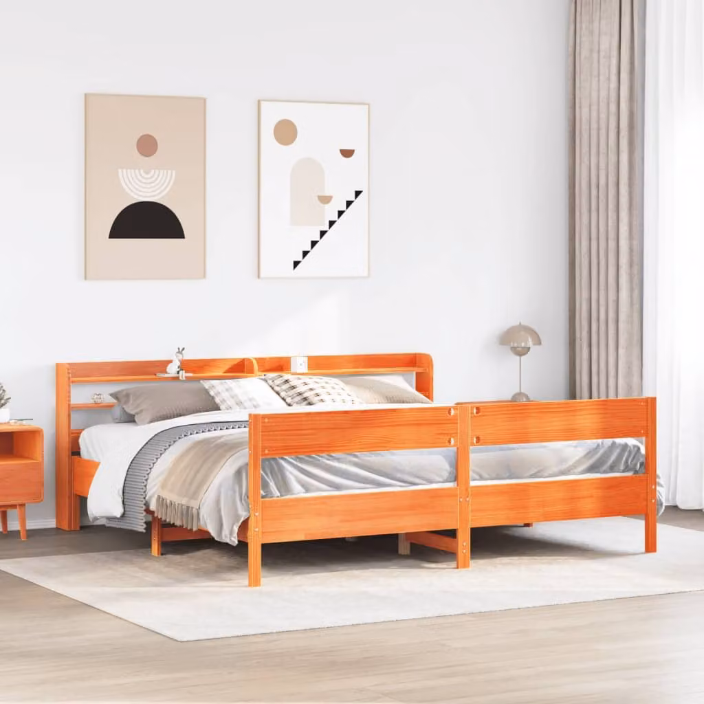 Letto matrimoniale vidaXL in legno di pino massiccio color marrone cera con ripiani laterali L/P/H: 200 x 200 x 82 cm