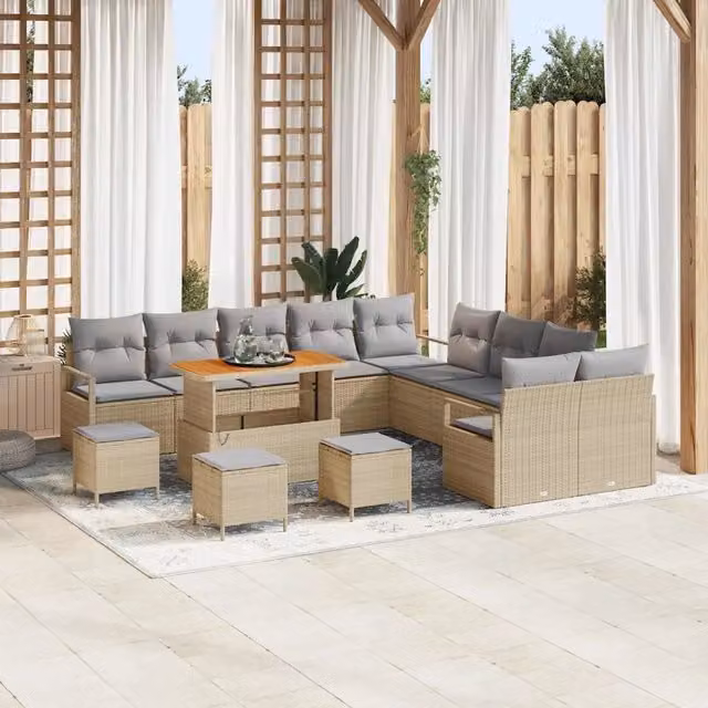 Set Divano da Giardino vidaXL 14 Pezzi Beige con Cuscini e Tavolino in Polyrattan e Acciaio
