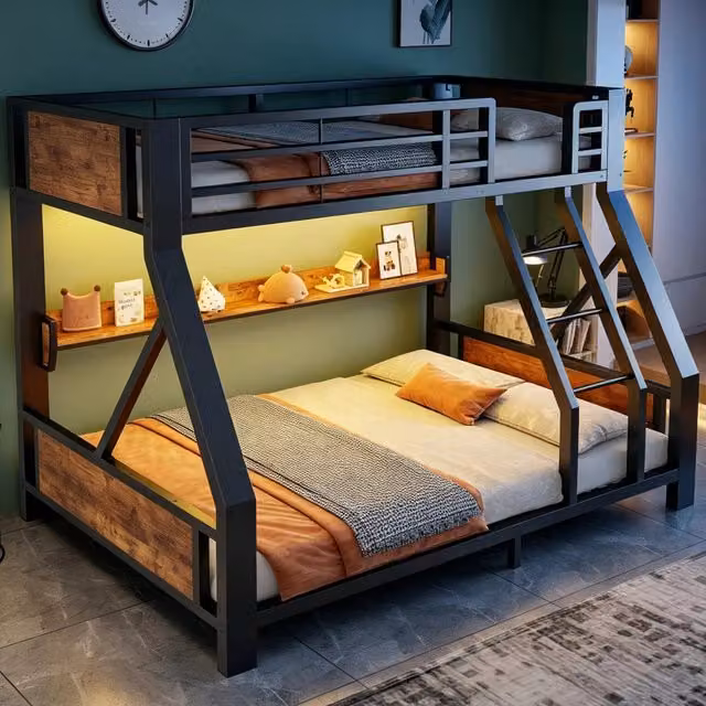 Letto a castello in metallo e legno 90x200/140x200 cm, 1 posto sopra e 2 sotto, nero, con ripiano e illuminazione LED, salvaspazio per bambini e ragazzi