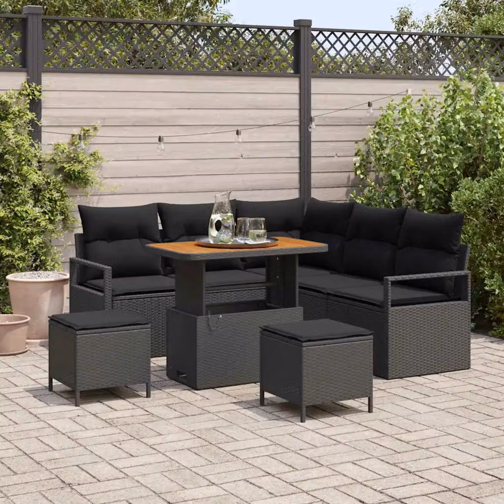 Set Divano da Giardino vidaXL a L con 8 Pezzi, Nero, con Cuscini e Contenitore per Archiviazione – 1