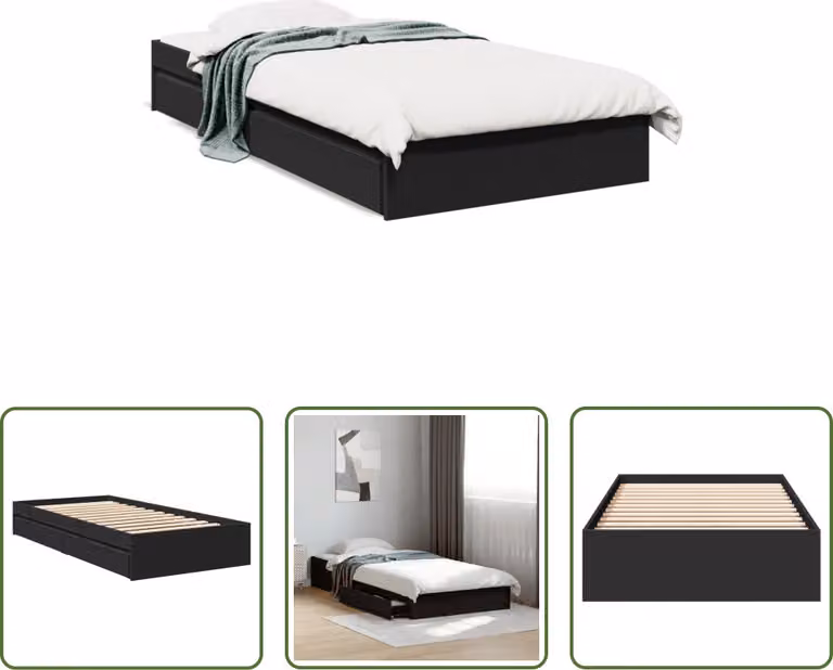 The Living Store Giroletto con cassetti nero 75x190 cm in materiale ligneo
