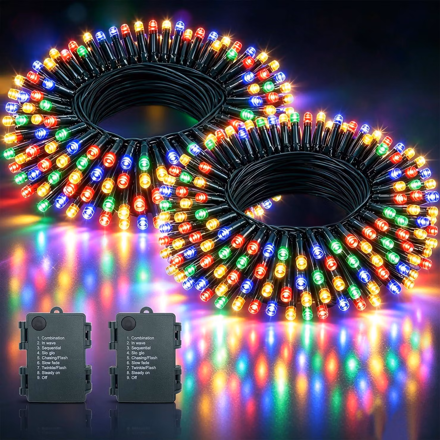 Catena luminosa a LED, 5 metri, 50 LED, confezione da 2, multicolore, con timer
