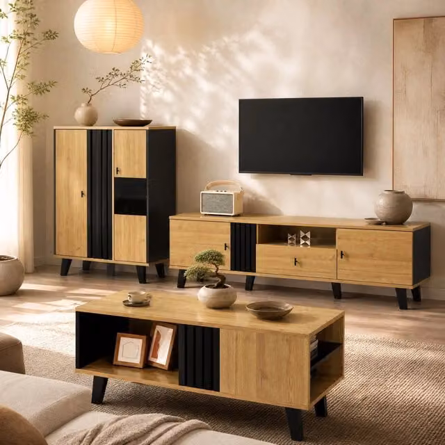 Mobile TV 170 cm con 2 ante; 1 vano e 1 cassetto; vetro e pannello truciolare; naturale e nero
