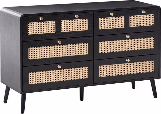 Cassettiera MDF 6 cassetti Gambe in legno Maniglie dorate Stile boho PE Rattan Nero