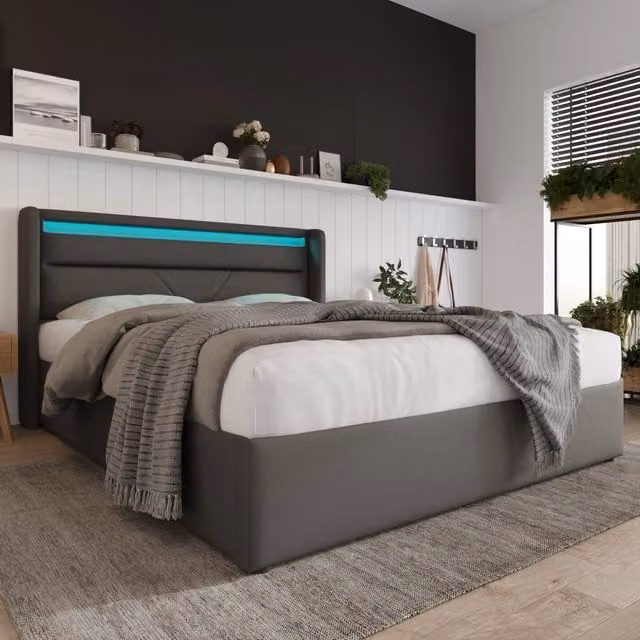 Letto imbottito 160x200 cm con contenitore e LED in PU grigio