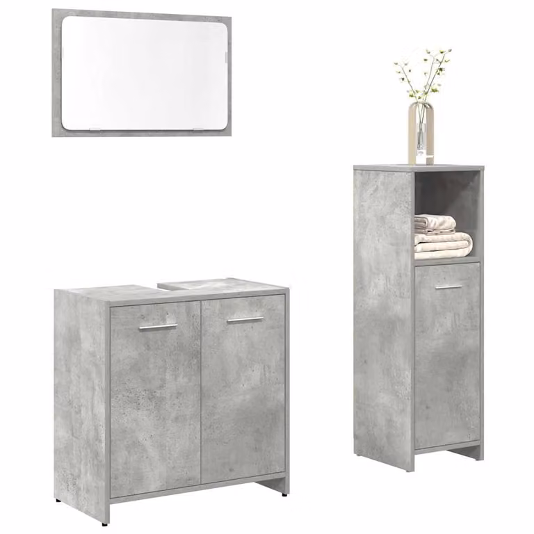 Set di mobili da bagno vidaXL 3 pezzi in legno e vetro grigio cemento con mobile lavabo, armadietto specchio e mobile laterale
