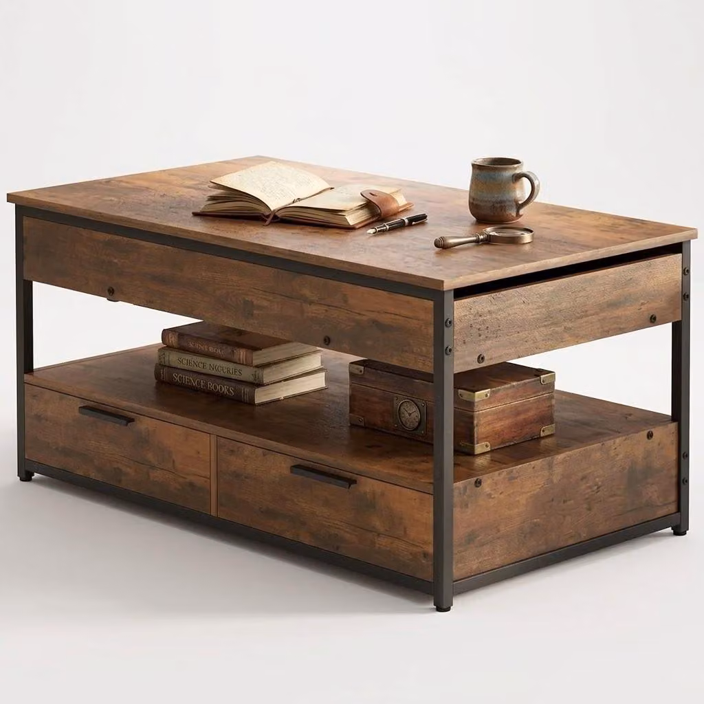 Tavolino in legno stile loft, color caffè, allungabile, con cassetti, da salotto, 100 cm