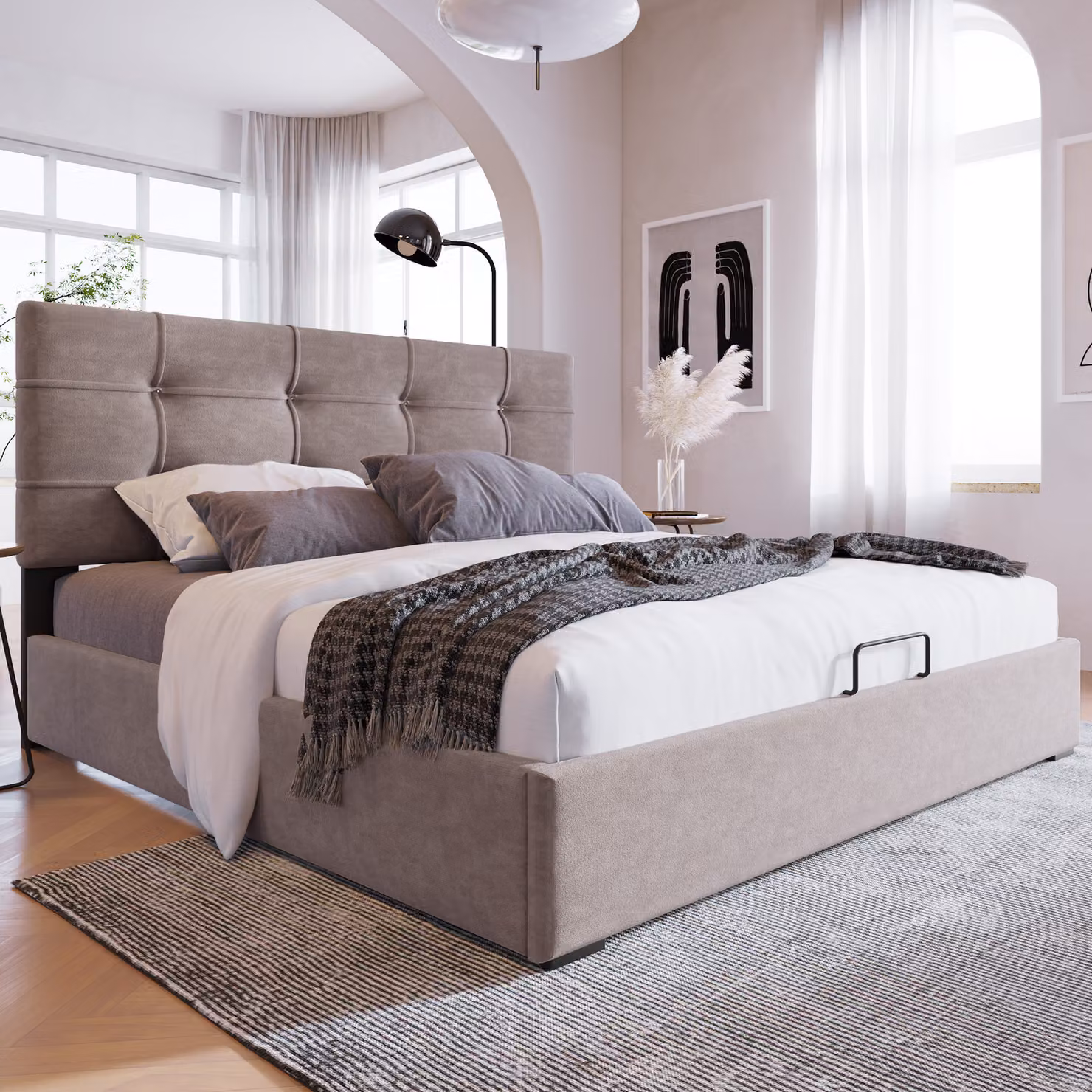 STILVORA, letto imbottito 140x200 cm, con sistema di sollevamento idraulico, contenitore e rete a molle in struttura metallica, colore grigio chiaro (senza materasso)