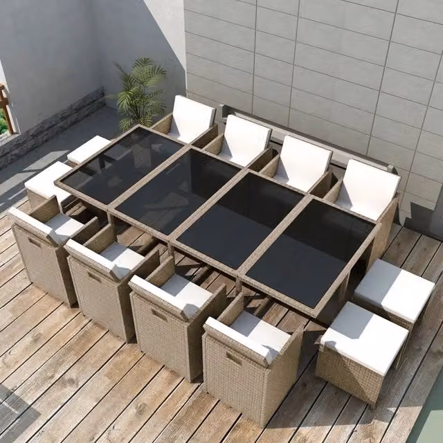 Set da pranzo da giardino vidaXL in polyrattan con tavolo rettangolare in vetro e 13 pezzi con cuscini beige – 1