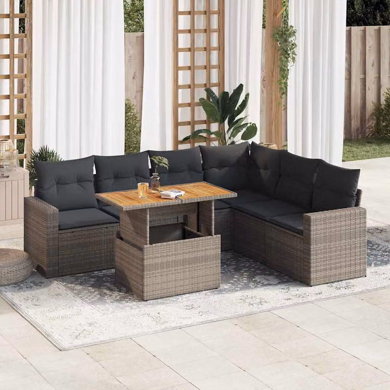 Set di divani da giardino vidaXL in polyrattan grigio con 7 pezzi, tavolo da caffè e pouf coordinato, design moderno a forma di L con cuscini inclusi