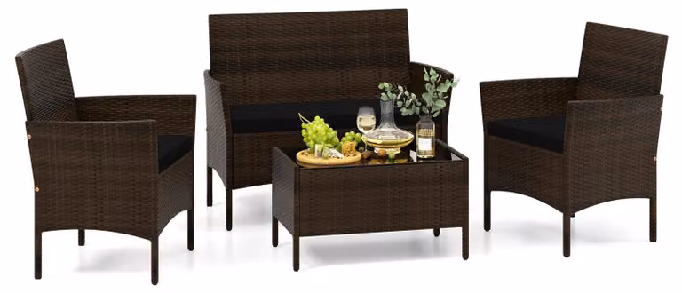 Set di mobili da giardino in polyrattan COSTWAY, mobili lounge, set con 2 poltrone, panca, tavolo e cuscini, mobili da terrazza, set da giardino nero