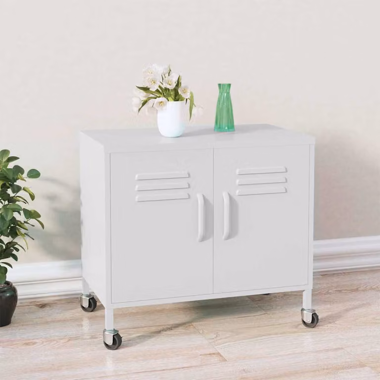 Armadietto freestanding vidaXL in metallo bianco con ante a battente e ripiani interni L: 60 cm, P: 35 cm, H: 56 cm