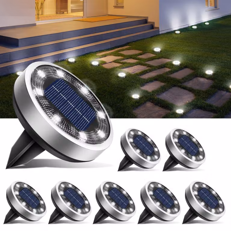 Set di 8 luci da giardino solari, con 8 LED, grado di protezione IP65, luce bianca fredda, design piatto