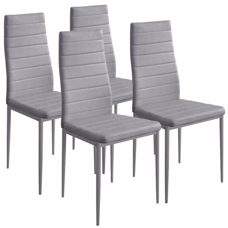 Set di 4 sedie da pranzo, rivestite in ecopelle, struttura in acciaio, colore grigio, dimensioni 41x45x98 cm