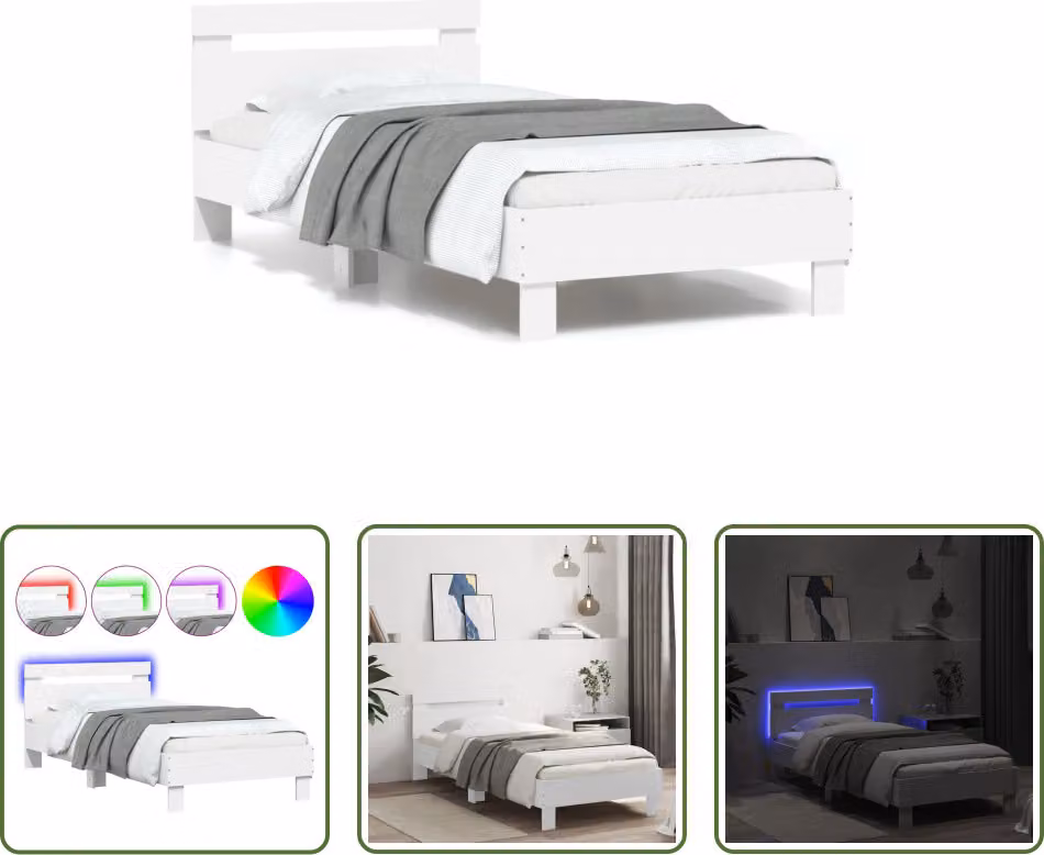 The Living Store Struttura letto con testiera e luci LED bianche 90x190 cm