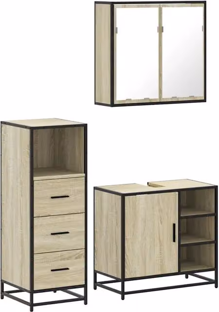 Set Mobili da Bagno | Armadio da bagno 3 pz Rovere Sonoma in Legno Multistrato
