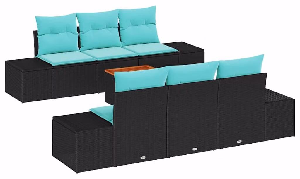 Set da giardino composto da 7 pezzi, colore nero, realizzato in rattan sintetico