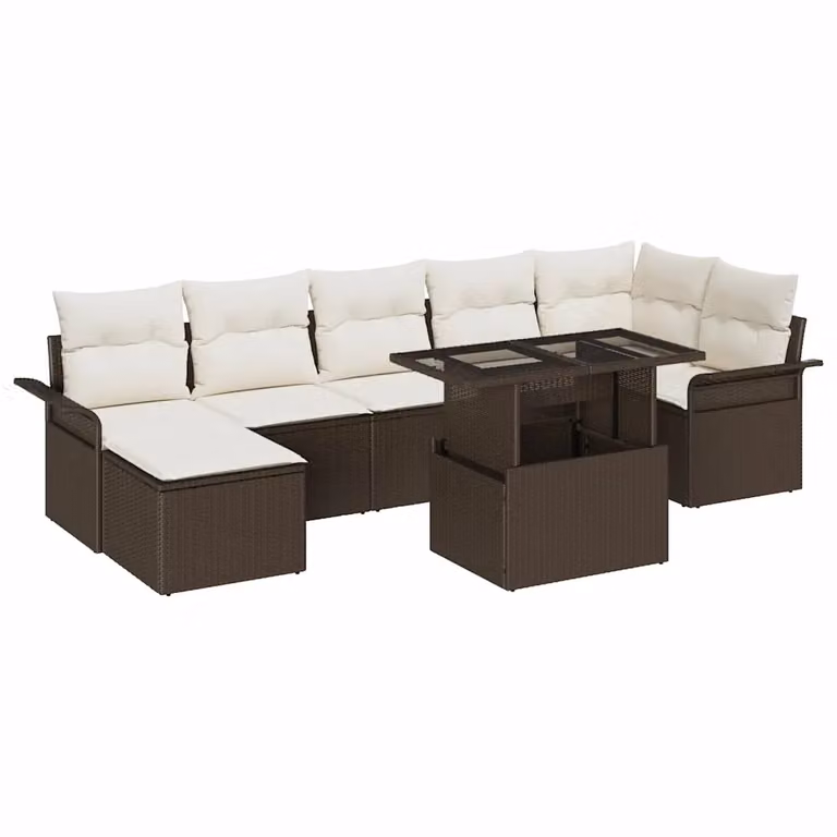 Set Divano da Giardino vidaXL 8 Pezzi a Forma di L con Cuscini e Tavolino, Marrone e Nero