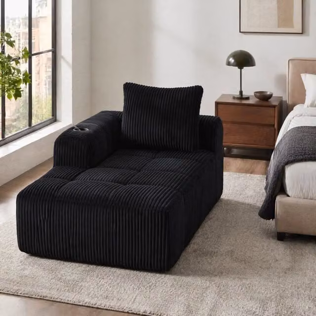 Divano compatto MIVRAY in velluto a coste nero con tasche portabevande e imbottitura mista, L: 158 cm, P: 61 cm, H: 61 cm