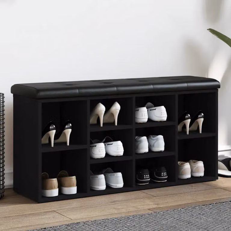 vidaXL Panca Porta Scarpe Moderna Nera in Legno e MDF con Seduta in Pelle Sintetica L: 110 cm, P: 32 cm, H: 50 cm