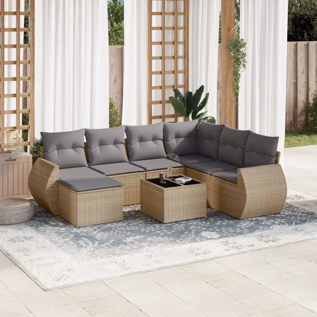 Set Divano da Giardino vidaXL 8 pz a L con Cuscini Beige e Tavolino in Polyrattan e Metallo – 1