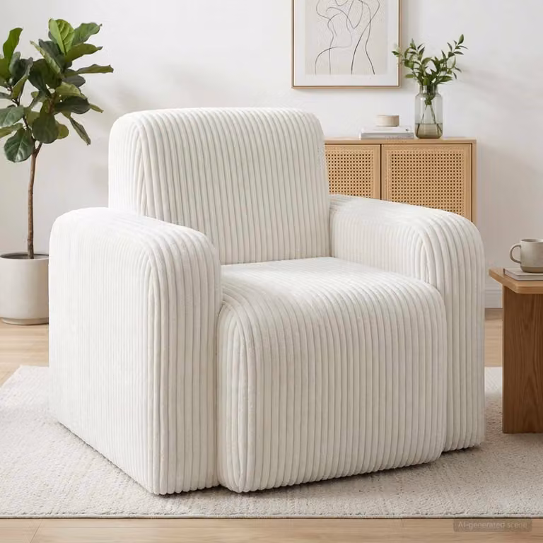 Poltrona moderna vidaXL in velluto a coste color beige e bianco con braccioli per soggiorno e camera da letto