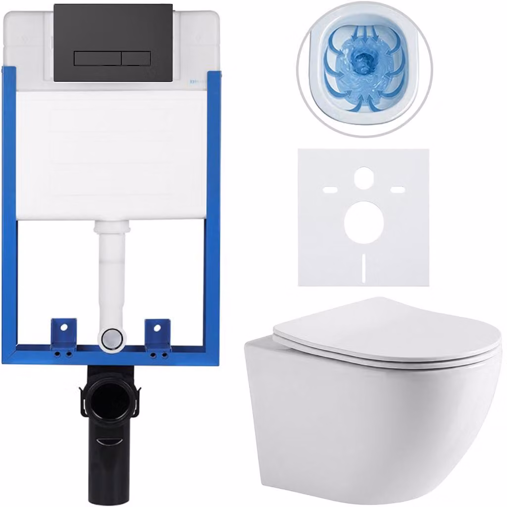 CERANO - Set completo per WC da incasso Lite/Verde - bianco lucido - pulsante WC Slim, nero opaco - da incasso - 49x36 cm