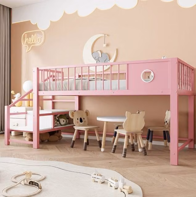 Letto a soppalco 90x200 cm con scala contenitore e vano sottostante in metallo rosa