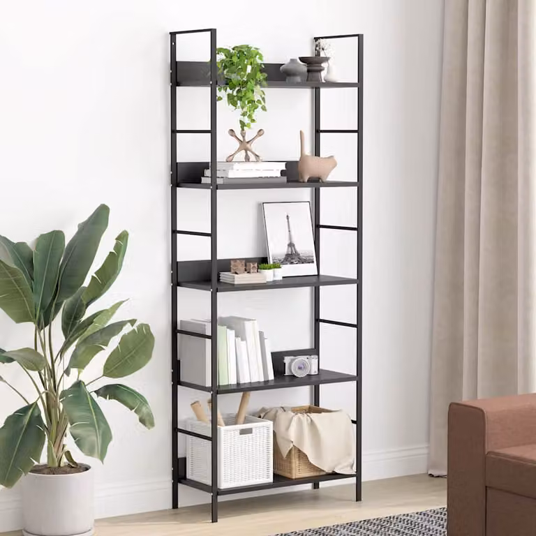 Scaffale per libri vidaXL con 5 ripiani in stile industriale, colore nero, L: 60 cm, P: 27,6 cm, H: 158,5 cm