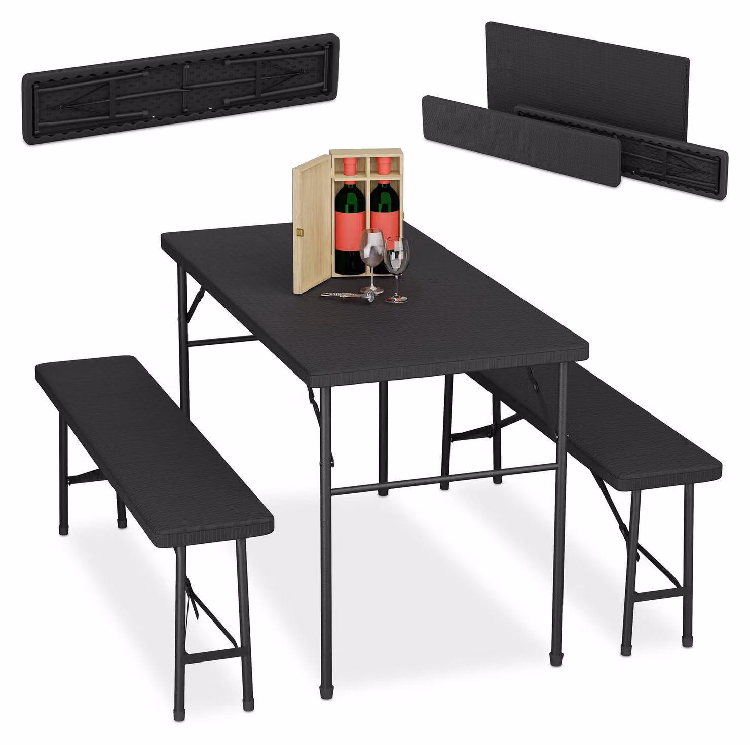 Set da giardino pieghevole Relaxdays, set da 3 pezzi con panca da birreria e tavolo grande, set da giardino e da festa, effetto rattan, nero