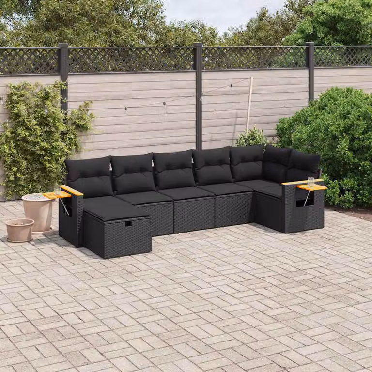 vidaXL Set Divani da Giardino a L con Cuscini 7pz Nero in Polyrattan e Acciaio