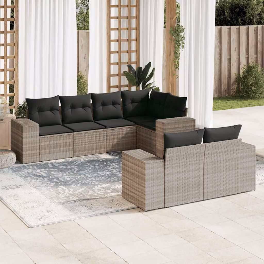 Set di divani da giardino vidaXL a forma di L composto da 7 pezzi in polyrattan grigio con cuscini inclusi – 1