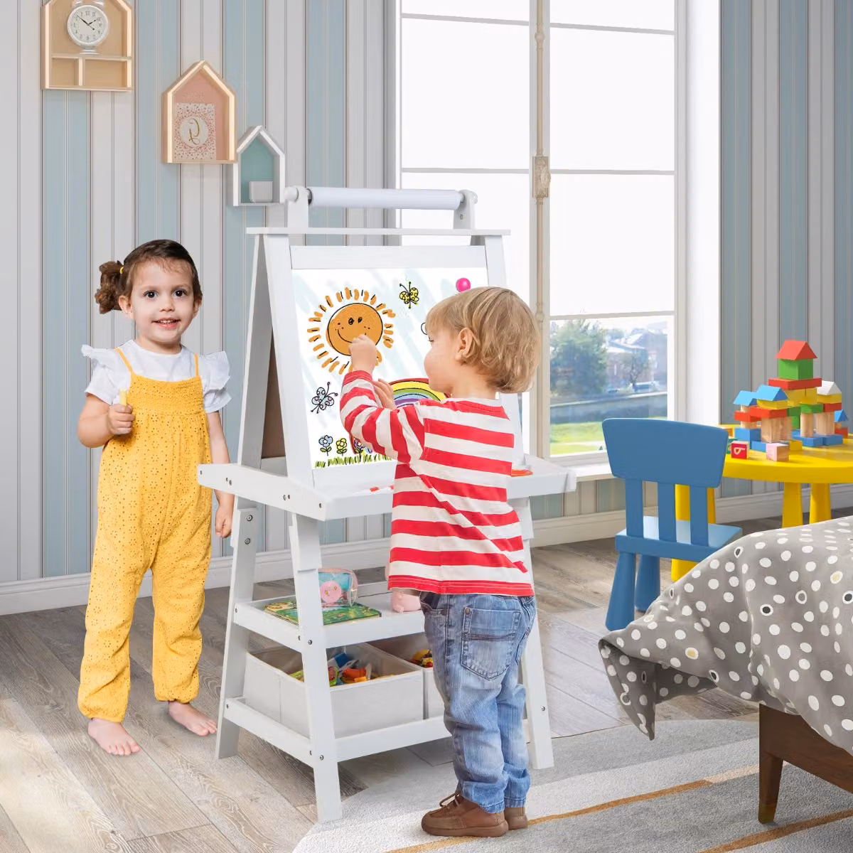 Cavalletto 3 in 1 Costway per bambini con lavagna bianca e nera e rotolo di carta, Beige
