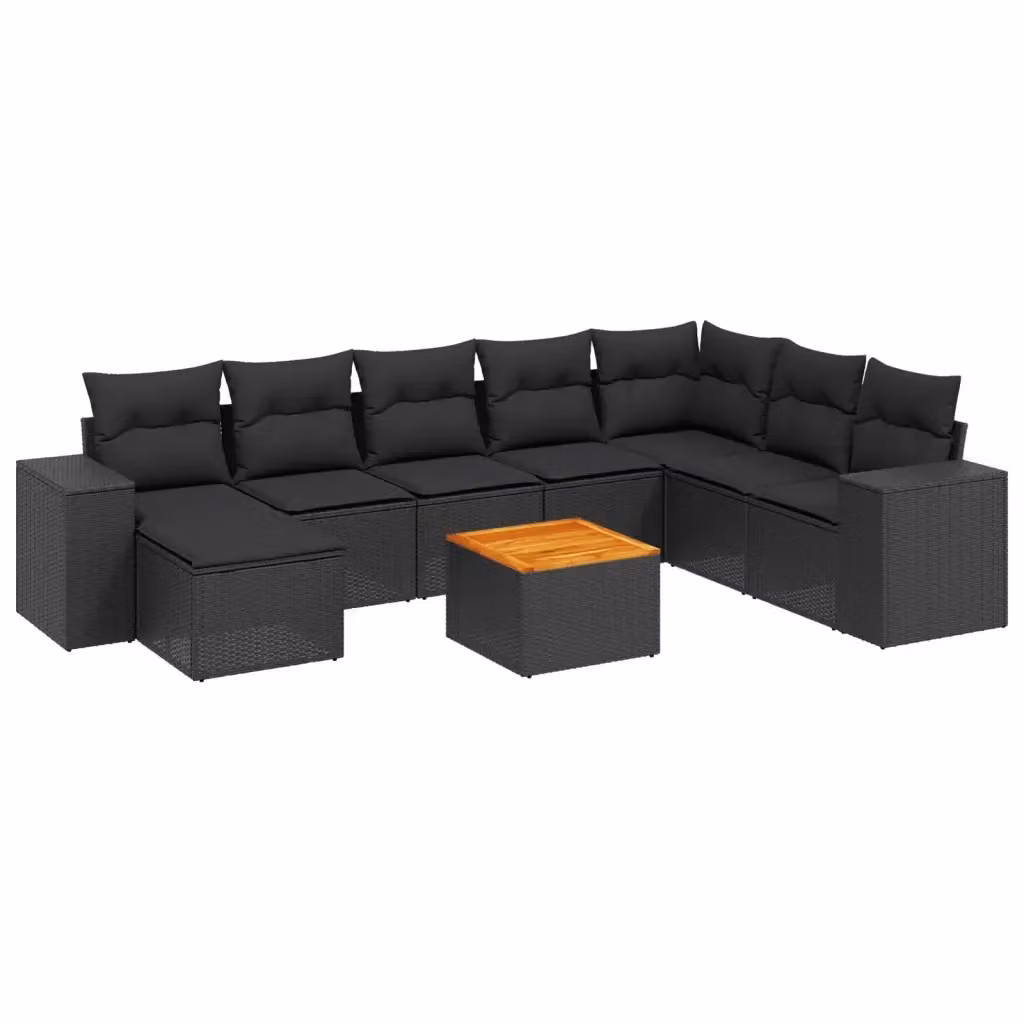 vidaXL Set Divani da Giardino 9 pz in Polyrattan Nero con Cuscini e Tavolino da Esterno – 2