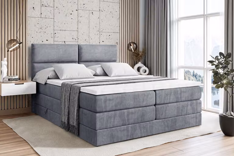 Letto boxspring ALTDECOR con 2 materassi e topper - 160x200 cm - BOXI3 KING - Velluto grigio - Letto imbottito con materassi H3 e H4, contenitore e rete a doghe, letto con spazio contenitivo