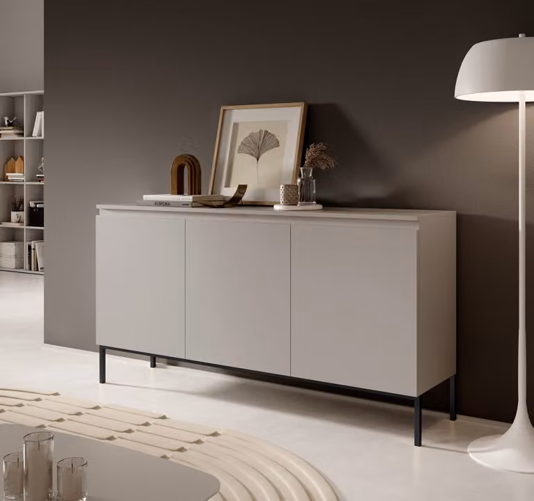 Credenza Selsey Cassettiera Bemmi a 3 ante, beige con gambe nere, 150 cm
