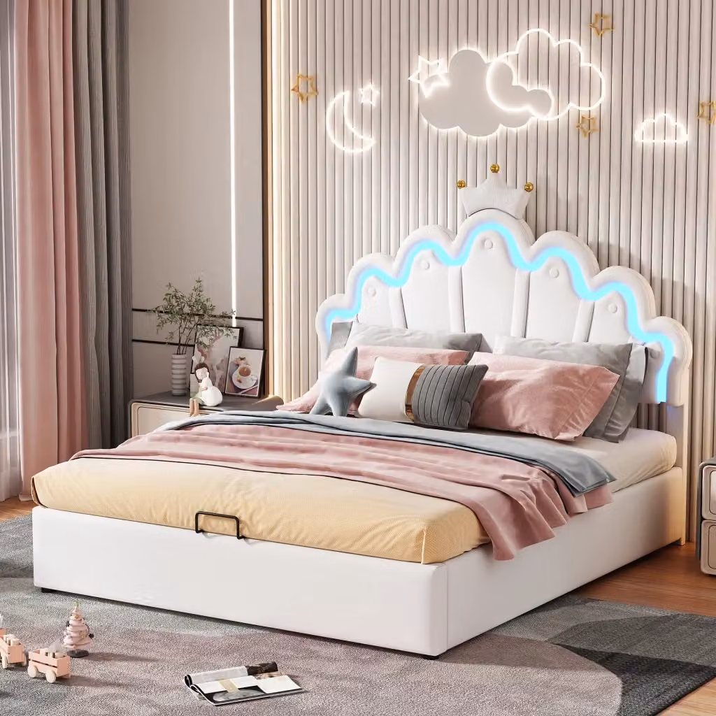 Letto matrimoniale moderno bianco con contenitore idraulico, testiera imbottita e illuminazione LED sotto il letto, L/P/H: 140 x 200 x 41 cm – 2