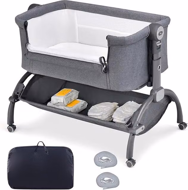 Culla Co-Sleeper Costway Regolabile in Altezza a 7 Livelli con Ruote Bloccabili, Cesto Portaoggetti, Materasso e Baldacchino, Lettino Portatile e Pieghevole per Neonati, Grigio