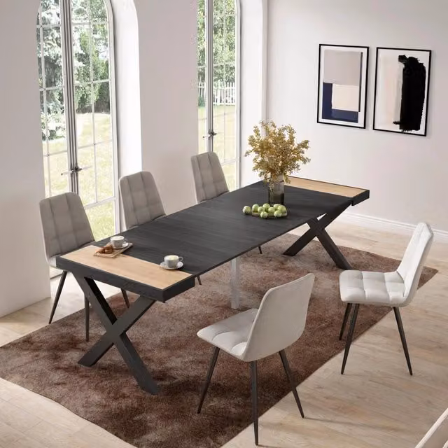 Consolle allungabile, 58 fino 262x90x73cm, Per 12 persone, Gambe in legno, colore Rovere e nero RF2809