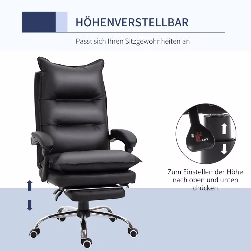 Sedia da ufficio ergonomica OKWISH in ecopelle nera con poggiapiedi, braccioli e rotelle, girevole a 360 gradi – 2