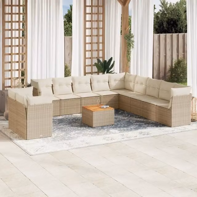 Set di divani da giardino a forma di U vidaXL in polyrattan con cuscini beige e tavolino da esterno – 1