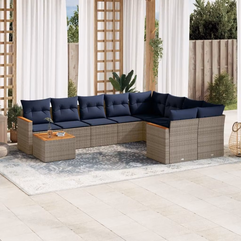Set Divani da Giardino vidaXL 10 Pezzi a Forma di L con Cuscini e Tavolino da Caffè, Polyrattan Grigio e Blu con Struttura in Acciaio e Legno di Acacia