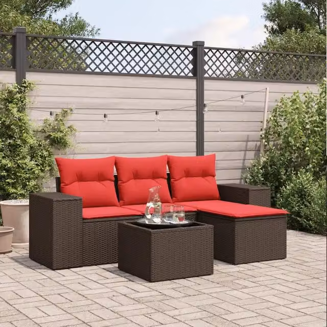 Set Divano da Giardino Moderno a L in Polyrattan Marrone con 5 Pezzi e Cuscini Colorati DESIGN IN – 1