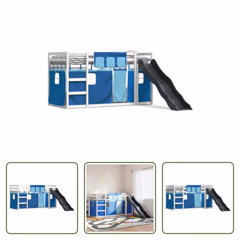 The Living Store Letto a castello con scivolo e tende blu 90x200 cm