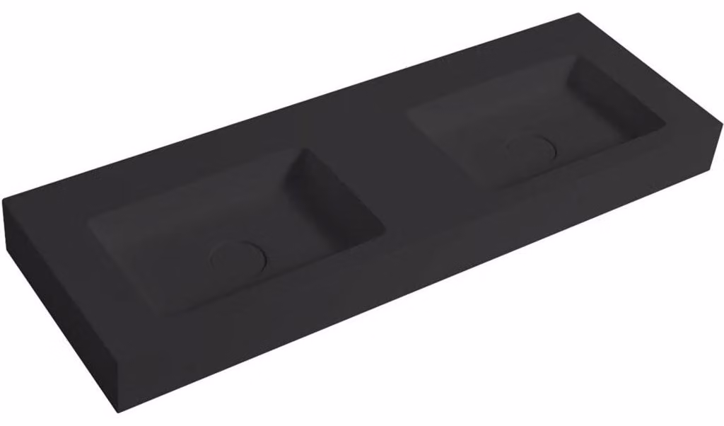 Lavabo doppio in marmo composito Geminia, da montare a parete, colore nero opaco, dimensioni 133x45 cm