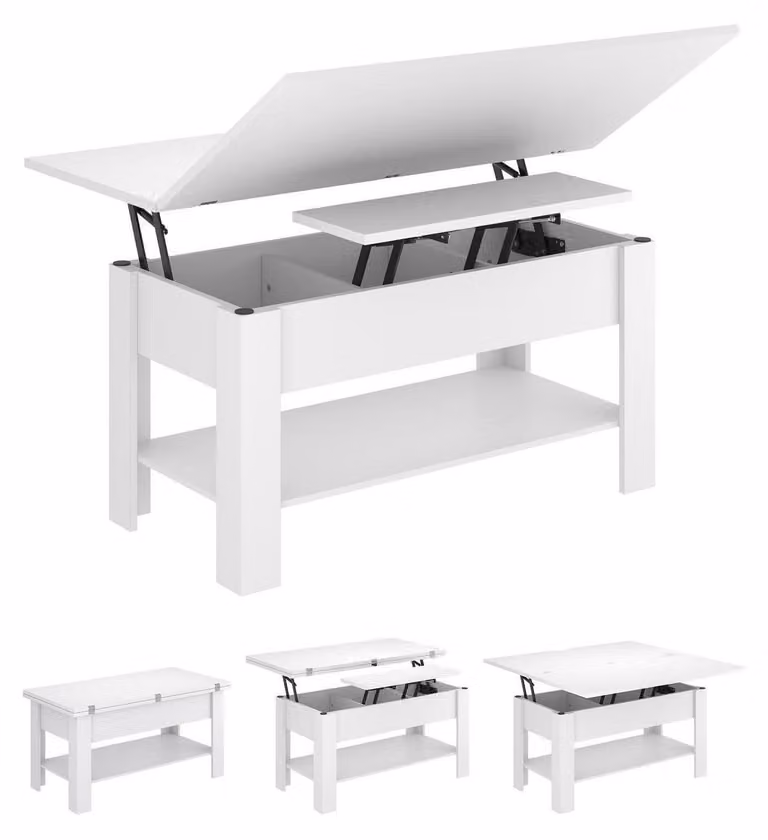 Tavolino da caffè regolabile in altezza, 3-in-1, per soggiorno, bianco, in MDF e metallo