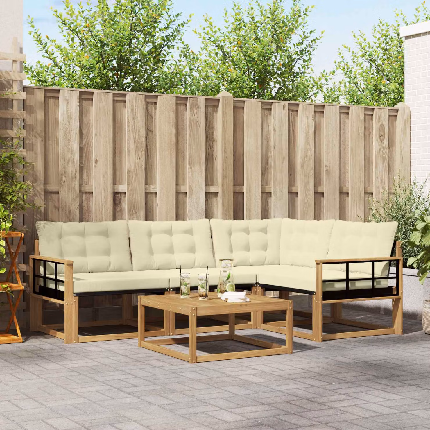 Set di divani da esterno vidaXL 5 pezzi in legno di acacia con tavolo da caffè, colore bianco, beige e marrone