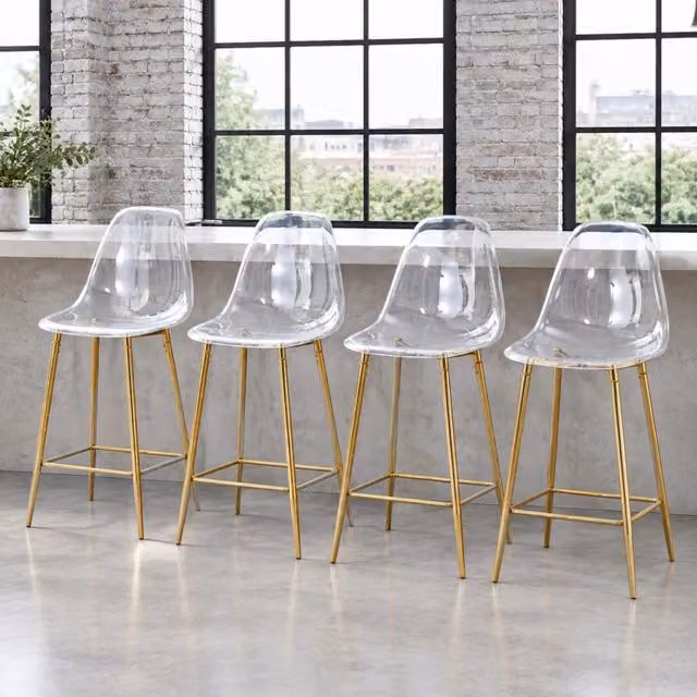 Set di 4 sgabelli da bar trasparenti con struttura in metallo argento, oro o nero, design moderno per cucina, bar o sala da pranzo