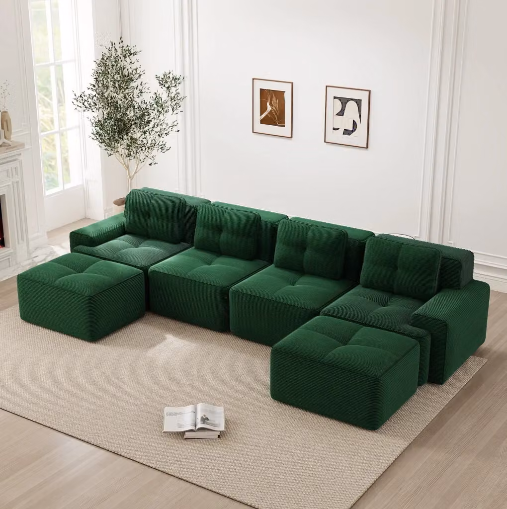 Divano modulare MODFU a 4 posti con chaise longue a U in velluto a coste verde, L: 382 cm, P: 177 cm, H: 69 cm – 2